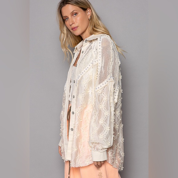 66. POL Button Down Top Women's Lace Mesh Floral Long Sleeve Collard Shacket - Picture 3 of 5